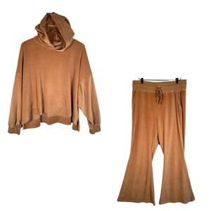 Aerie Women's 2-Piece Velour Hoodie Jacket & Flared Pant XL Tan Brown